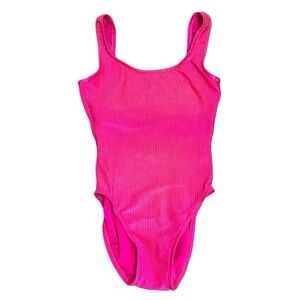 Vintage 90's White Stag Women's Neon Barbie Pink Ribbed Bodysuit/ Swimsuit